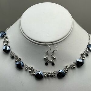 Elegant Silver and Navy Blue Necklace and Earring Set